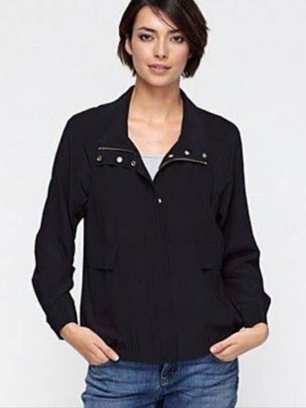 Eileen Fisher Silk Full Zip Snap Jacket Shell Layering Large Black